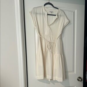 Calvin Klein Cream Tiered Midi Dress with Tie Waist